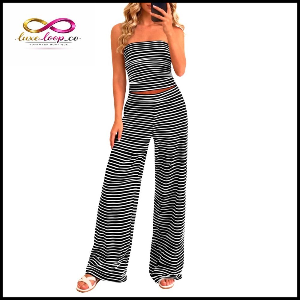 Striped Two-Piece Set, Tube Top & Wide Leg Pants, Medium, Lyocell Blend